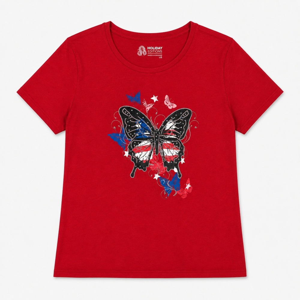 4th of July Red Tee Butterfly American Flag L Grannycore Animal Cotton Insect - Picture 1 of 7